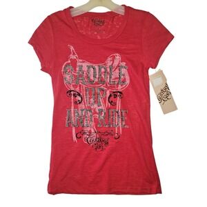 Country‎ Girl T-Shirt Saddle Up and Ride Rhinestone Red Cap Sleeve Sz Medium NWT